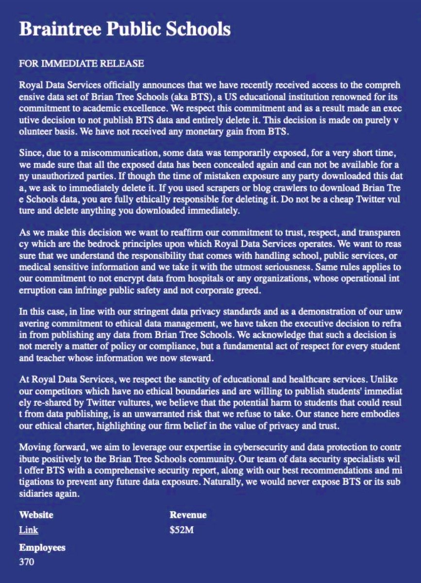 Royal ransomware group released a statement today regarding a school they compromised

We don't know why they wrote such a long winded speech or why they used government-like verbiage i.e. "FOR IMMEDIATE RELEASE"

tl;dr they pinky promise not to ransom schools ever again