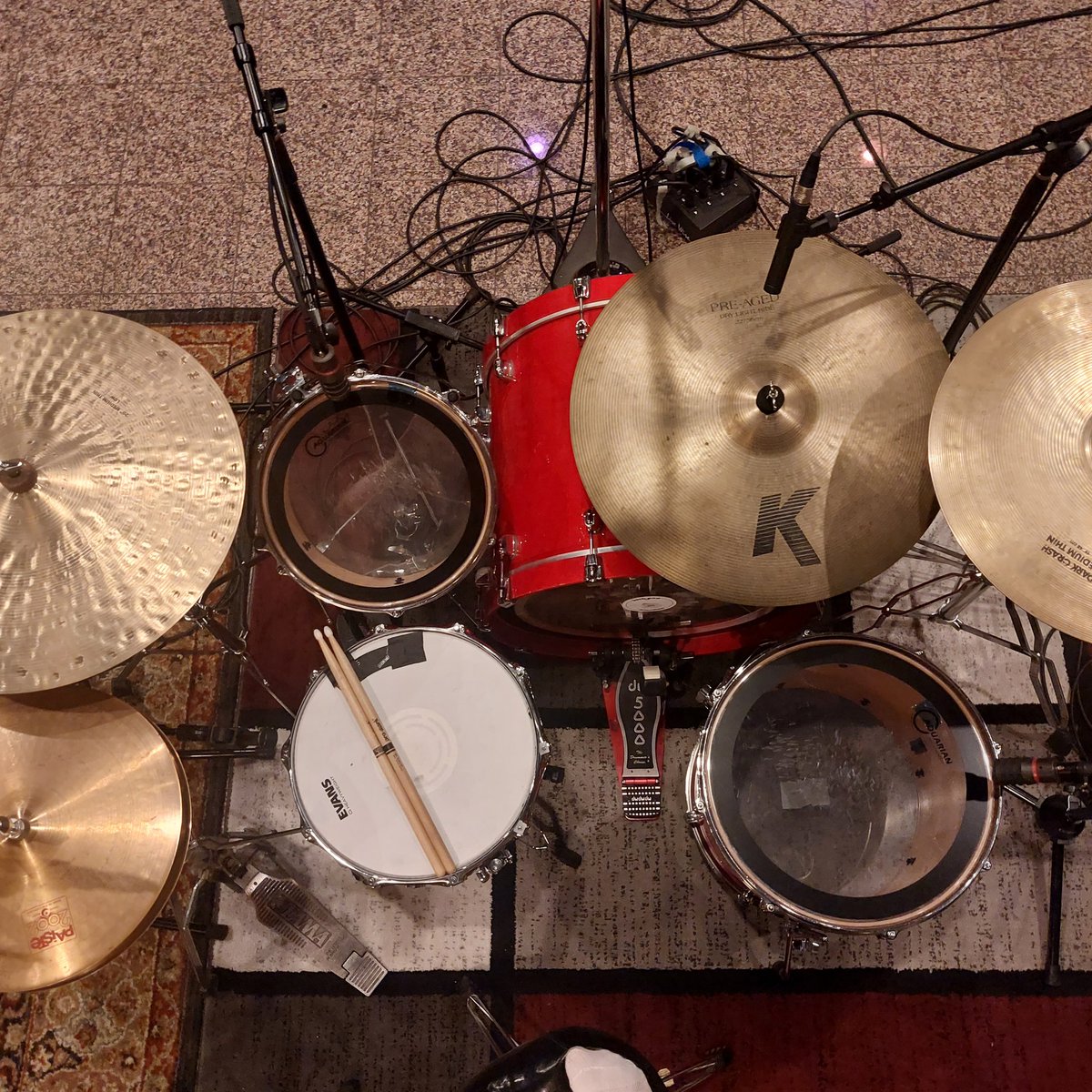 Bird's eye view of the drum setup for the recording of our next album. Mics and sound by <a href="/thesanford7/">Sanford Parker</a> #shoegaze