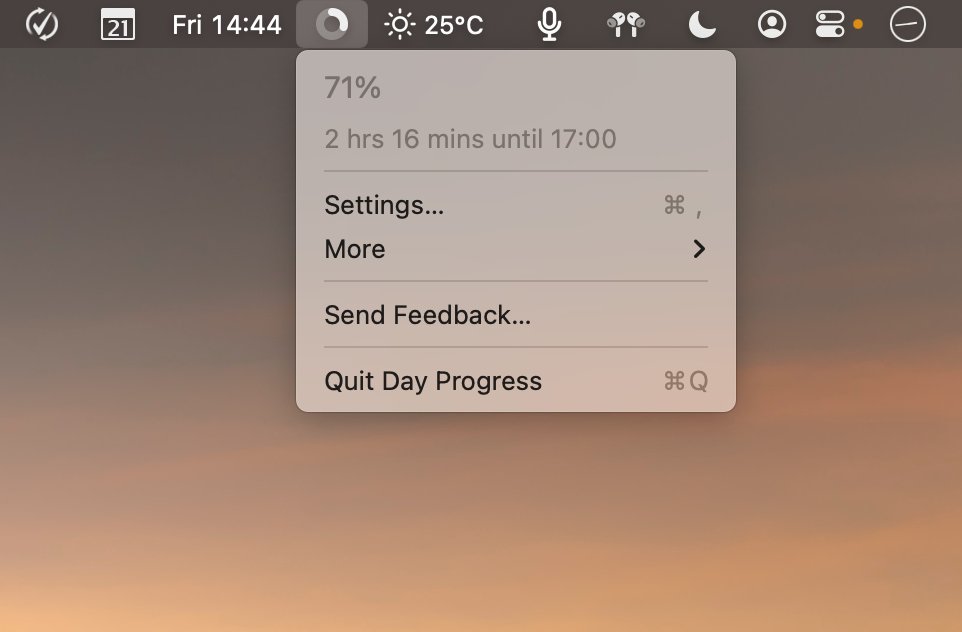 Tim Stringer (@timstringer) on Twitter photo I recently started using a great little app by <a href="/sindresorhus/">Sindre Sorhus</a> called Day Progress. I find it helpful to be able to glance at the menu bar and see how much time is left in my work day.
It's available on the Mac App Store: vist.ly/6766 I recently started using a great little app by <a href="/sindresorhus/">Sindre Sorhus</a> called Day Progress. I find it helpful to be able to glance at the menu bar and see how much time is left in my work day.
It's available on the Mac App Store: vist.ly/6766