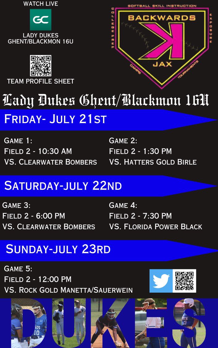 Avery Smith (@averysmith2024) on Twitter photo Come beat the heat and watch me and my team play at 6 and 7:30 tomorrow night!! So far we are 2-0 in the Backwards K Jax Tournament!! <a href="/LadyDukesGhent/">Lady Dukes Ghent/Blackmon 16U</a>
<a href="/ValkyriesSB/">Converse University Softball</a> <a href="/CoachpooleU/">CoachPoole_USCA</a> <a href="/UCF_Softball/">UCF Softball</a> <a href="/FloridaTechSB/">Florida Tech Softball</a> <a href="/CoachJ34/">Brittany Johnson</a> <a href="/ashlieghmclean/">Ashliegh McLean</a> <a href="/SEU_CoachWatknz/">Kayla Watkins</a> <a href="/CoachBee9/">Mike Larabee</a> <a href="/FGCU_Softball/">FGCU Softball</a> Come beat the heat and watch me and my team play at 6 and 7:30 tomorrow night!! So far we are 2-0 in the Backwards K Jax Tournament!! <a href="/LadyDukesGhent/">Lady Dukes Ghent/Blackmon 16U</a>
<a href="/ValkyriesSB/">Converse University Softball</a> <a href="/CoachpooleU/">CoachPoole_USCA</a> <a href="/UCF_Softball/">UCF Softball</a> <a href="/FloridaTechSB/">Florida Tech Softball</a> <a href="/CoachJ34/">Brittany Johnson</a> <a href="/ashlieghmclean/">Ashliegh McLean</a> <a href="/SEU_CoachWatknz/">Kayla Watkins</a> <a href="/CoachBee9/">Mike Larabee</a> <a href="/FGCU_Softball/">FGCU Softball</a>