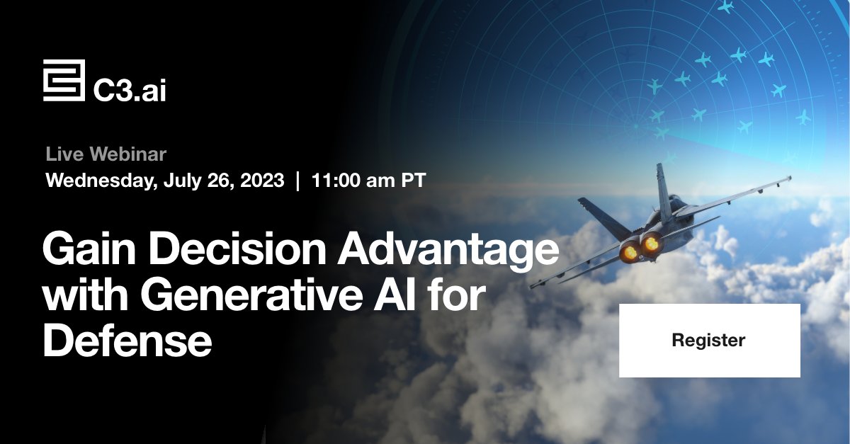 C3_AI's tweet image. Gain decision advantage with generative AI for #defense. 

Learn how C3 Generative AI can improve productivity and enhance national #security.
 
When ➝ July 26 at 11AM PT
Register ➝ spr.ly/6010Prbtj