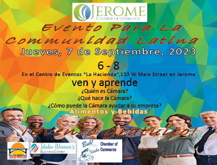 VisitJerome's tweet photo. Mark your calendars. We are inviting everyone to come and learn how the Chamber can help your business grow. Hear from Latino business owners the value they have received by belonging to the Chambers. https://t.co/zAdCwykwId