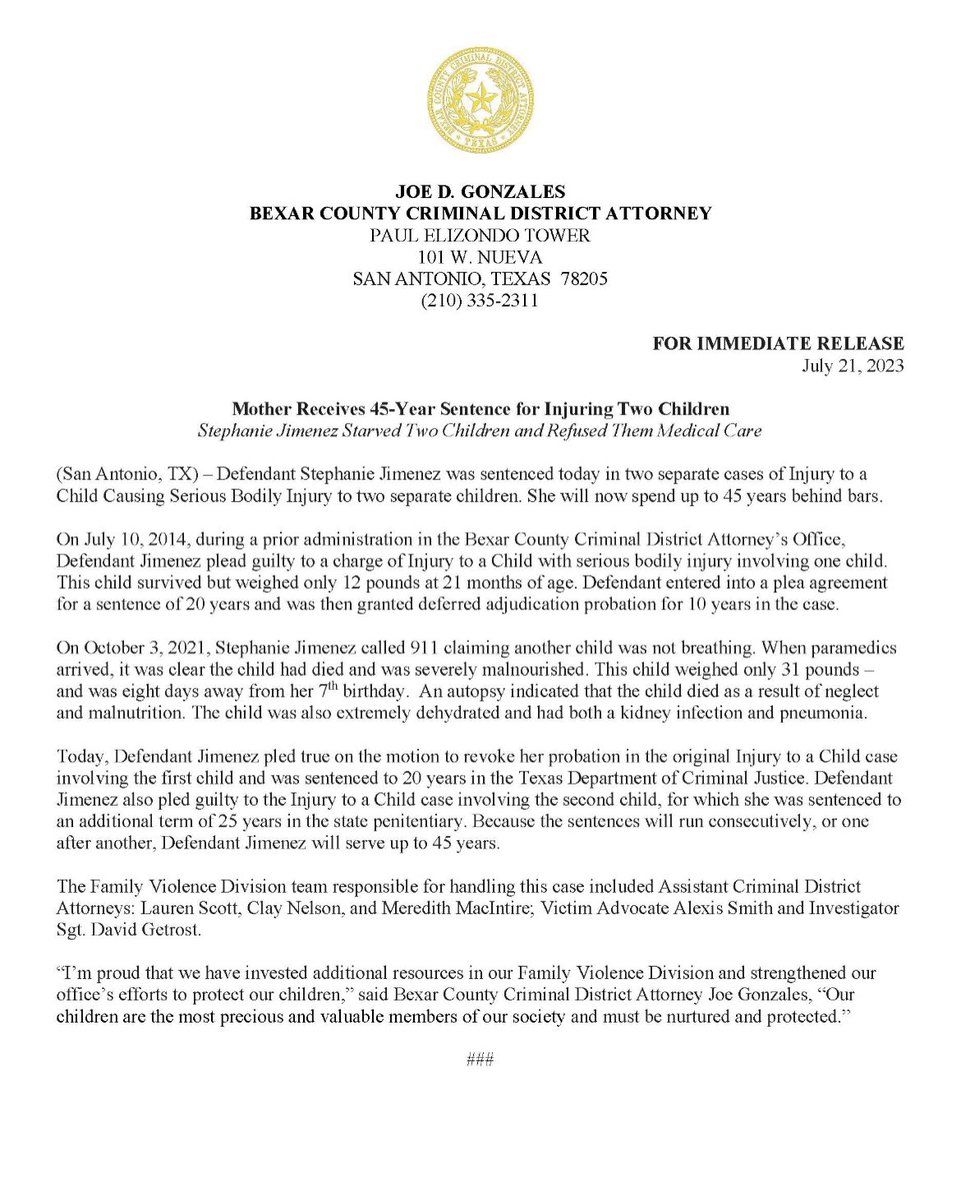 BexarCountyDA's tweet photo. 45 yrs in prison for Stephanie Jimenez, who hurt 2 children through starvation &amp; medical neglect. We prioritize protection of kids - &amp; our Family Violence Division brought her to justice. #creatingabettercommunity #endchildabuse #communitysafety #upholdingjustice https://t.co/eWyenciELY