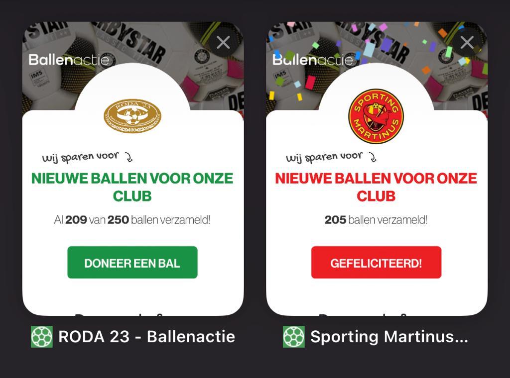 De eerste winst is binnen in ons jubileumseizoen. De ballenactie wedstrijd met Sporting Martinus. Vandaag kwamen we gelijk en het werd erop en erover!
Het doneren van ballen (25 euro per stuk) is een prachtig jubileumcadeau, gewoon doen via ballenactie.nl/roda23/.