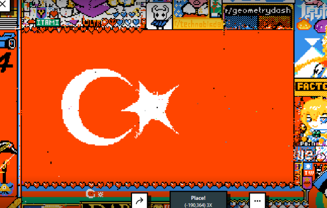 GDCoIon's tweet photo. LOL GET FUCKED R/PLACE GEOMETRY DASH LMAOOOOOOOOOOOOOOOOOOOOOOOOOOOOOO #rplace #rplace2023 #GeometryDash #turkey #GETFUCKINGOWNEDGDKIDS https://t.co/0kg70hv2QD