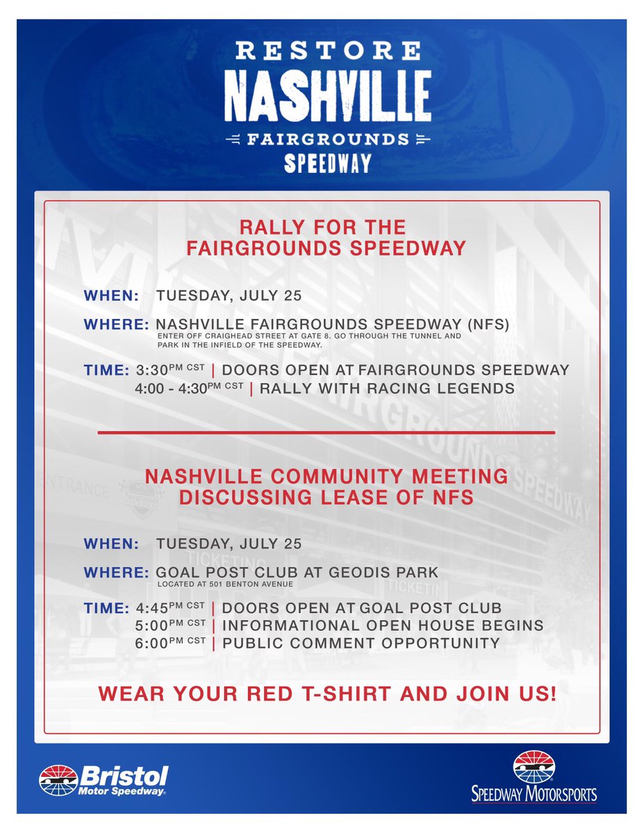Fairgrounds Speedway (@fgspeedway) on Twitter photo 💥 Next Tuesday is an important meeting to rally support for the Bristol Partnership and WE NEED YOU THERE! 💥
Please RSVP to attend in person (and wear a red shirt!): bit.ly/43tMEjq
<a href="/RestoreNFS/">Restore Nashville Fairgrounds Speedway</a> 💥 Next Tuesday is an important meeting to rally support for the Bristol Partnership and WE NEED YOU THERE! 💥
Please RSVP to attend in person (and wear a red shirt!): bit.ly/43tMEjq
<a href="/RestoreNFS/">Restore Nashville Fairgrounds Speedway</a>