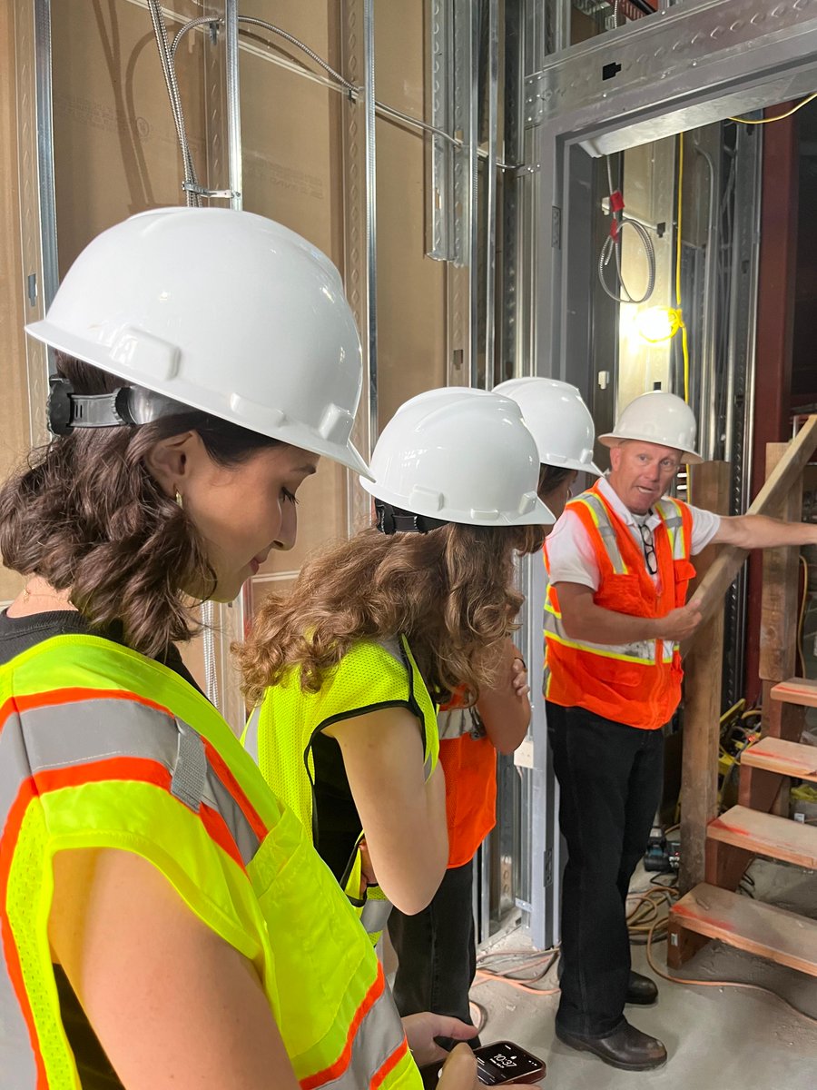 Earlier today, our alumnae Isabella, Coral and Peyton took an architectural tour of our newest building, the St. Thérèse Library and Performing Arts Complex.  These three alumnae are students of architecture.  Our architect David Pfeifer from Domus Studio led the tour.