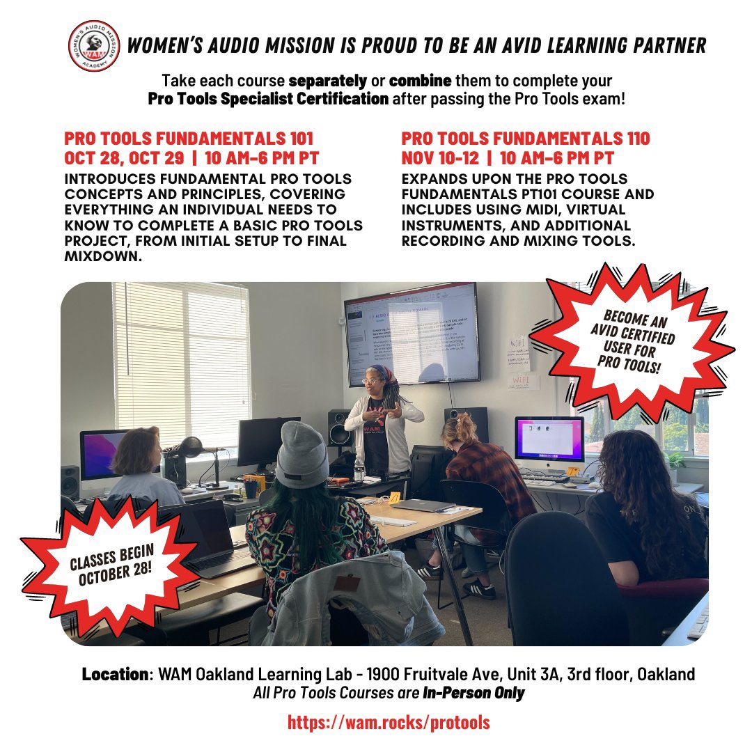 womensaudio's tweet image. WAM is proud to be an
#AvidLearningPartner offering Pro Tools
Fundamentals classes that cover everything you need to know to complete a basic Pro Tools project, from #setup to #mixdown.
Classes are now available IN-PERSON
ONLY &amp;amp; begin Oct 28!
REGISTER: wam.rocks/protools
