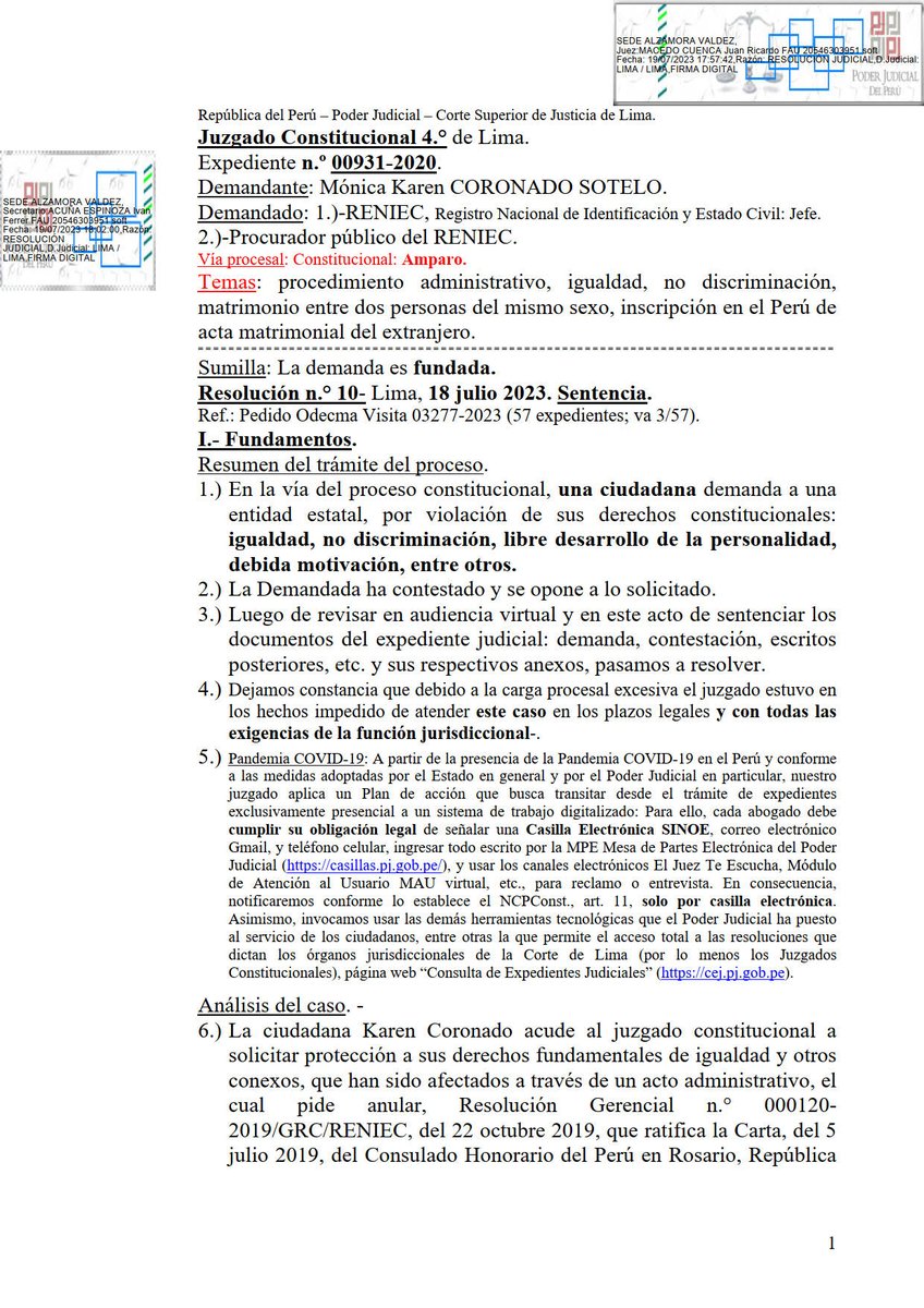 CSJdeLima's tweet photo. #LoÚltimo Cuarto Juzgado Constitucional de la @CSJdeLima dispuso que la @ReniecPeru proceda con la inscripción del acta de matrimonio entre dos personas del mismo sexo.

Lee la sentencia: https://t.co/pnTG2FhOTt https://t.co/mriFaRTvqz
