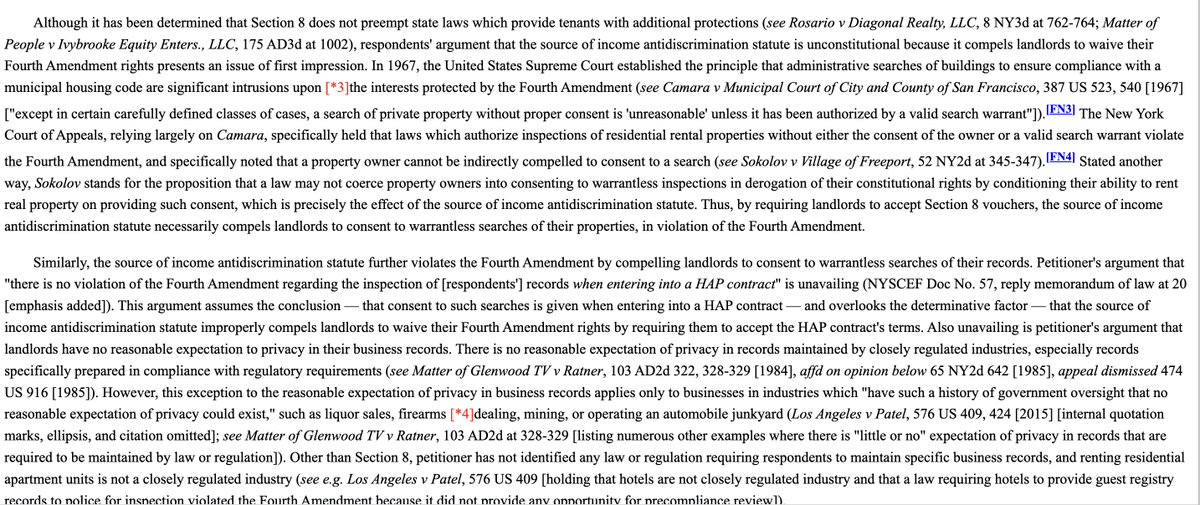State law prohibiting refusal to rent b/c renter is paying with Section 8 voucher violates the 4th Amendment, NY trial ct rules, as accepting Section 8 housing voucher requires consent to inspection.  Can't force landlords to waive their 4A rights.
nycourts.gov/reporter/3dser… #N