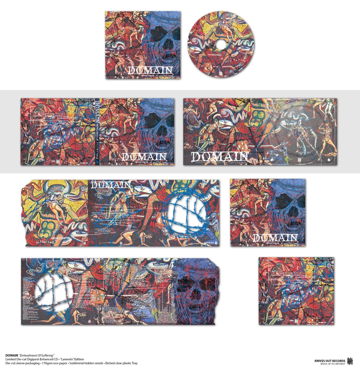 DOMAIN "Embodiment of Suffering" 
Die-cut Digipack Enhanced CD w/ Die-cut Booklet, Etched tray

domain.knivesoutstore.com 

#domain #knivesoutrecords #knvz #domainflhc #90s #H8000 #knivesoutz #suffering #kickback