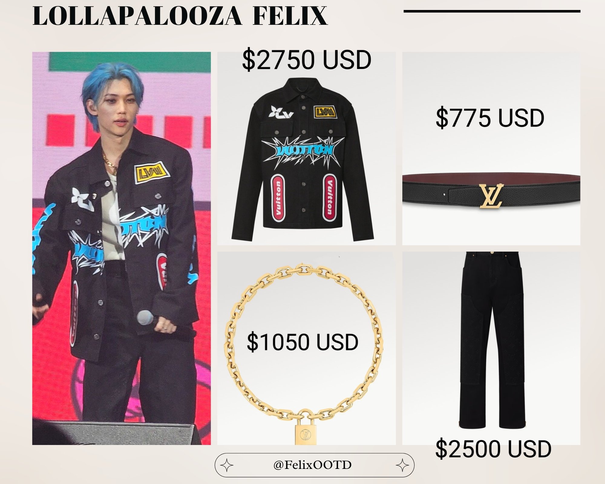 Felix #OOTD 🩵🪽 on X: So yes, they're the same LV pants he wore to Lolla!  The pants and both the paradise chain bracelet and necklace in that design  are not available