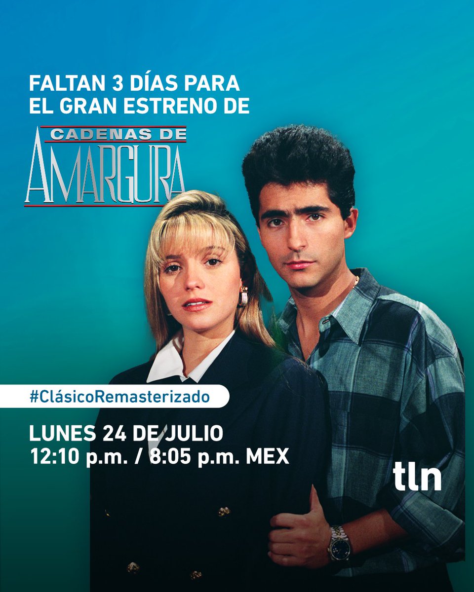 Cancela todos tus planes, porque este lunes 24 de julio llega a tu pantalla un #ClásicoRemasterizado: #CadenasDeAmargura con las actuaciones estelares de <a href="/dannycastro17/">Daniela Castro</a> y <a href="/NegroAraizaMx/">Negritosoy</a>🤗
#GranEstreno a las 12:10 p. m. / 8:05 p. m. MEX por la señal de #Tlnovelas 📺