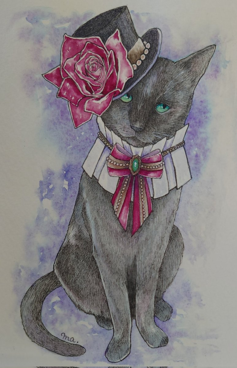「黒猫って、暗闇でも目だけは見えるということで、魔除けと商売繁盛の象徴なんだって 」|ま。(machiko.)@妖精妖怪展・posfes.vol.2のイラスト