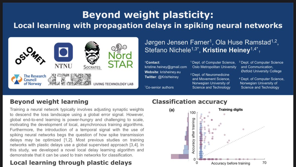 Sneak preview of the poster on delay learning ⚡️⏳ I’ll be presenting next week at the Local Learning Workshop <a href="/icmlconf/">ICML Conference</a>. Work led by Jørgen Farner for his master thesis last year. Proud supervisor 😊 (with <a href="/stenichele/">Stefano Nichele</a>) Tweeprint: x.com/krisheiney/sta…