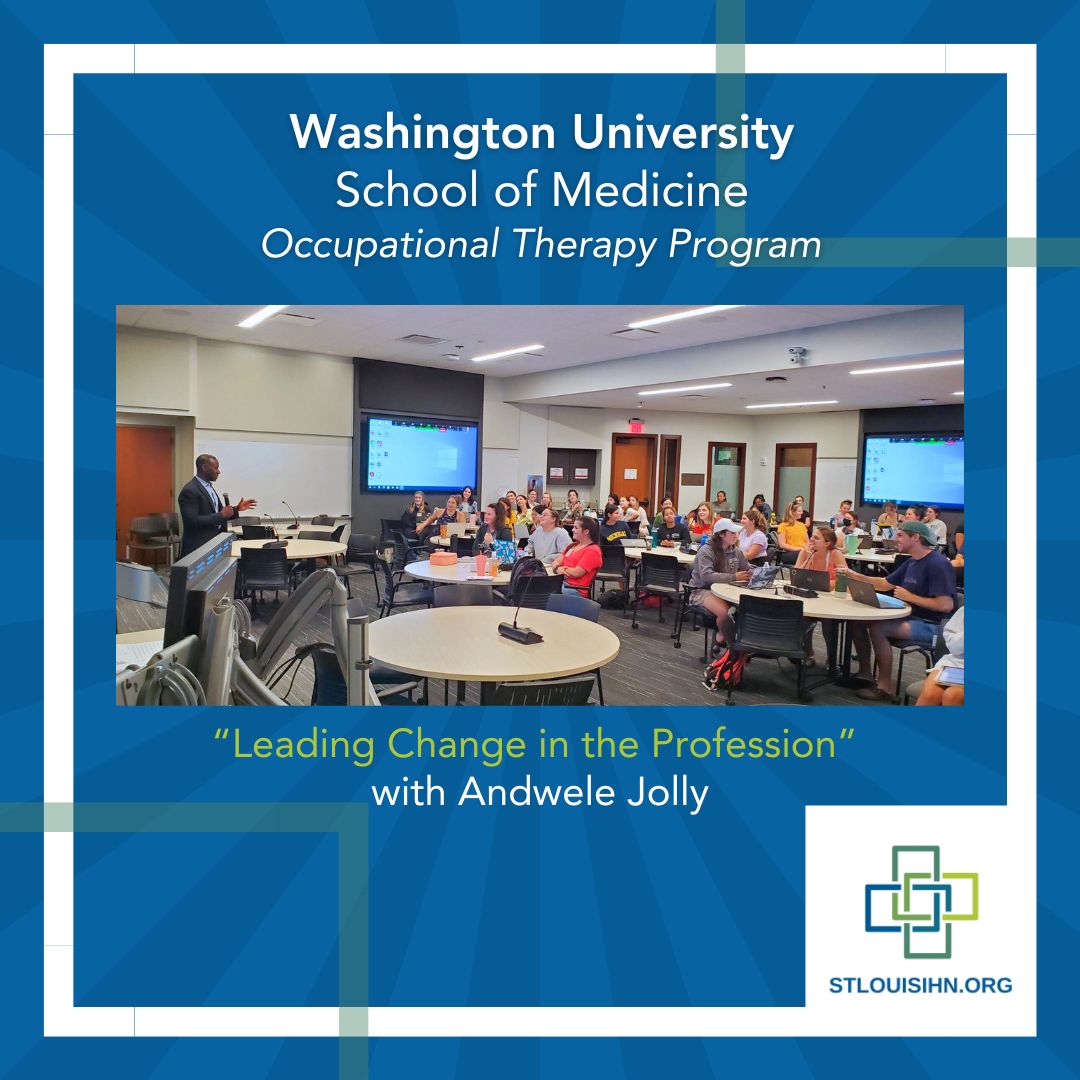 STL_IHN's tweet photo. Thank you to @WUSTLmed for having St. Louis Integrated Health Networkโs CEO and President, Andwele Jolly, speak to the students of the @WUSTLOT program.
#community #healthequity #health #equity #healthnetwork #IHN #occupationaltherapy #wustlot #washu #medicalschool https://t.co/6Q0s5pMvd3