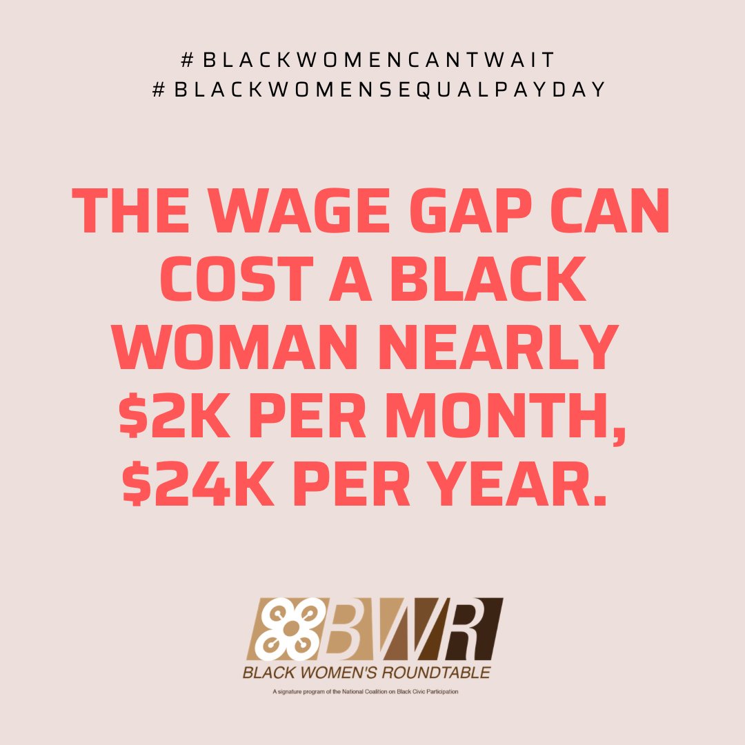🚨 Today is #BlackWomensEqualPayDay, a reminder that Black women continue to face a wage gap of 67 cents compared to non-Hispanic white men for full-time, year-round work. 

It's time to close this gap and demand equal pay for equal work! #BlackWomenCantWait