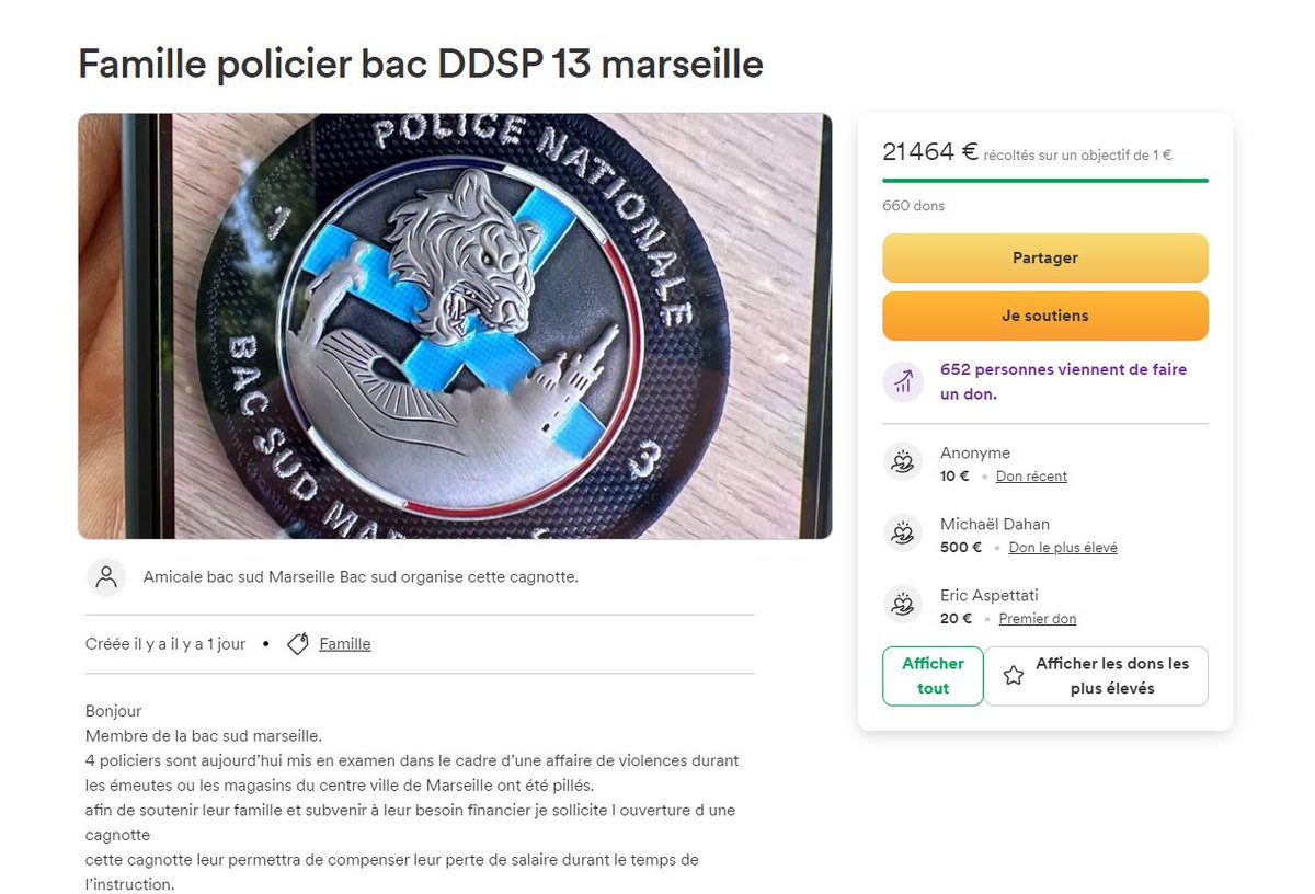 AlertesInfos's tweet photo. 🇫🇷 FLASH - Une cagnotte a été ouverte ce matin en soutien aux policiers soupçonnés d'avoir tiré au flashball sur la tempe de Hedi, 21 ans, alors qu'il sortait de son travail à #Marseille. Elle récolte déjà plus de 20 000 € et provoque une indignation générale. https://t.co/tc0iWKyQ1W