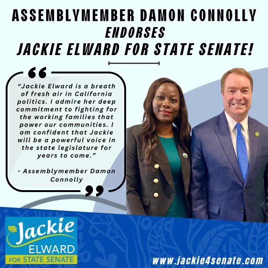 Jackie_Elward's tweet photo. 📣 I am incredibly humbled and honored to receive the endorsement of Assemblymember Damon Connolly. Thank you for your vote of confidence! https://t.co/tHYM6g3IUw