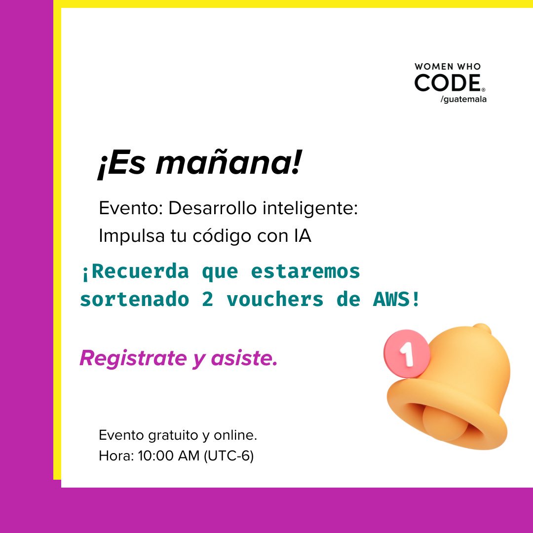 ivoenlemar's tweet image. Aparte de aprender herramientas de IA generativas, se pueden ganar 2 vouchers de AWS en el evento del mes de @wwcodeguatemala se registran aquí: meetup.com/women-who-code…