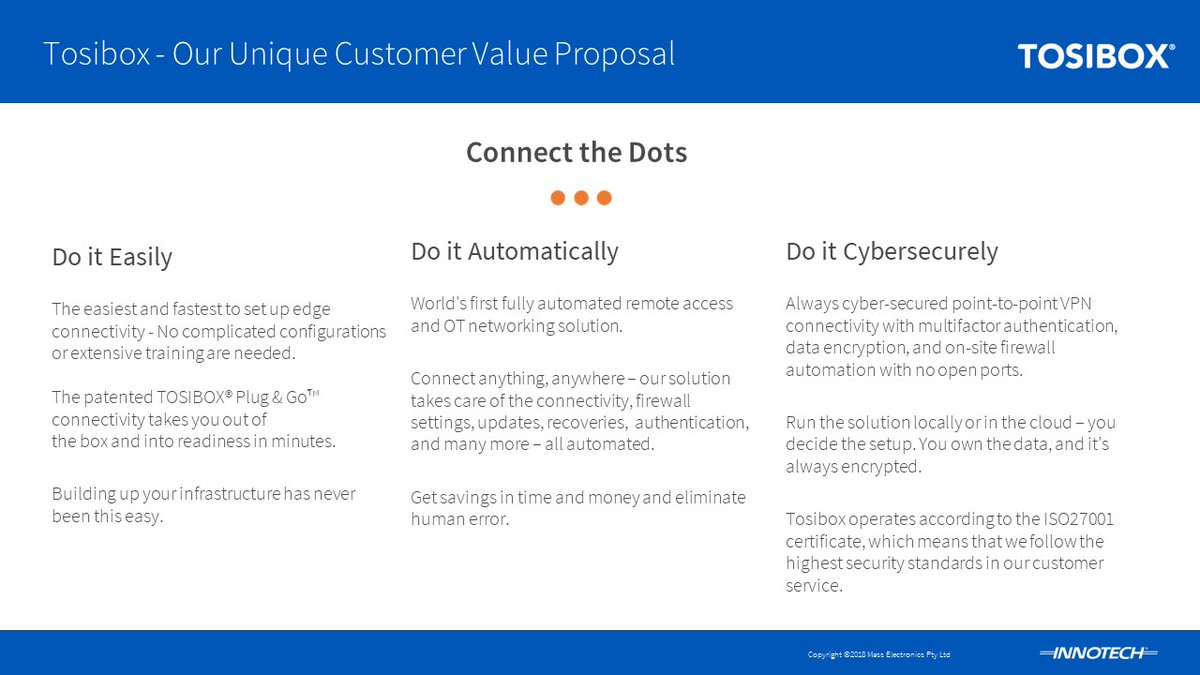 InnotechAmerica's tweet photo. Innotech have joined forces with Tosibox to literally connect the dots: easily, automatically and cybersecurely.  You can now purchase the Tosibox direct from us.  What is Tosibox?  How will it benefit my customers?  Give us a call today for a presentation. #Innotech  #tosibox https://t.co/N72524tLfG