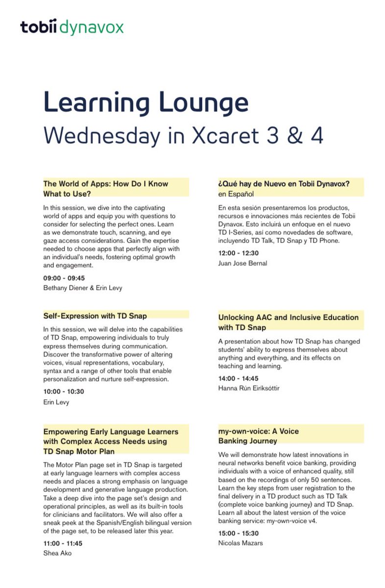ISAAC_AAC's tweet photo. Join us for the exciting two-day Learning Lounge by @TobiiDynavox  on July 25 and 26 in Xcaret 3 &amp; 4. 

Renowned presenters will introduce participants to the most innovative resources and products from Tobii Dynavox. https://t.co/2HZds7VB5U