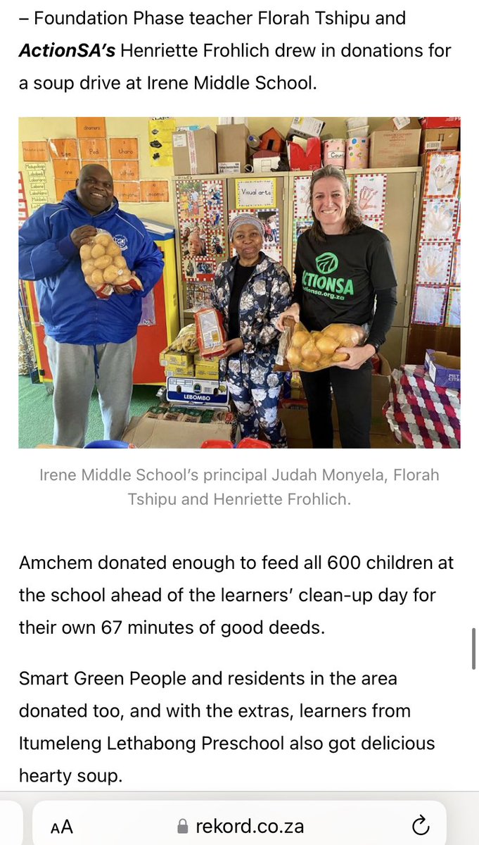 About 600 children at Irene Middle School received a hot meal donated by Amchem as they gave their 67 minutes of good deeds #MandelaDay. Smart Green People & two residents fed Itumeleng Lethabong Preschool too. ActionSA Cllr Henriette Frohlich explains: rekord.co.za/464062/pretori…