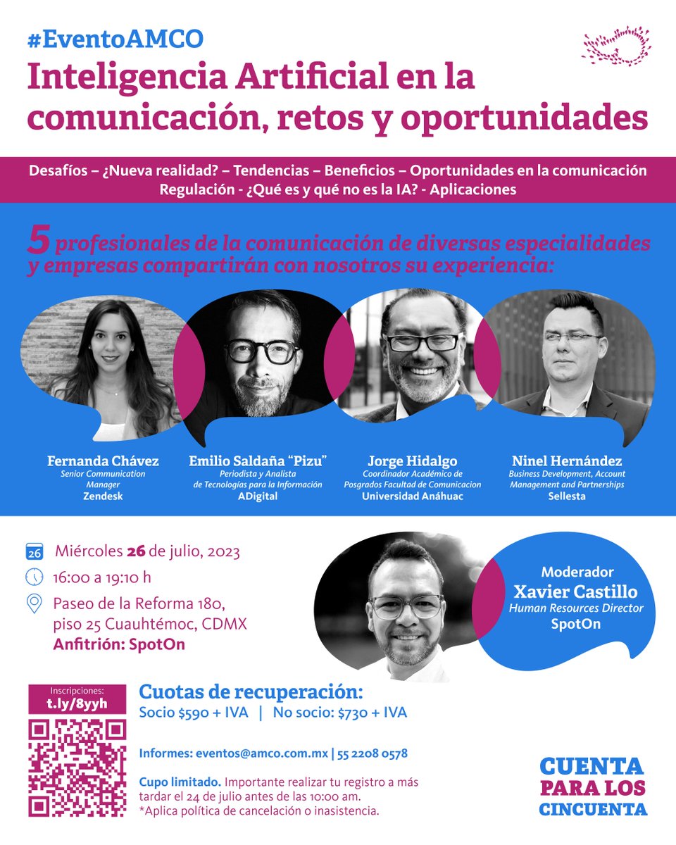 SithLCC's tweet photo. Recuerden, próximo miércoles 26 de julio, evento presencial de la @AMCOMexico sobre la #iA #InteligenciaArtificial en el campo de la Comunicación Corporativa: retos y oportunidaedes. Entre los disertantes, mis amigos y colegas @jhidalgo y
@XavierCastilloZ de @SpotOn | @EdgarRdgz https://t.co/yTe47GyfEb