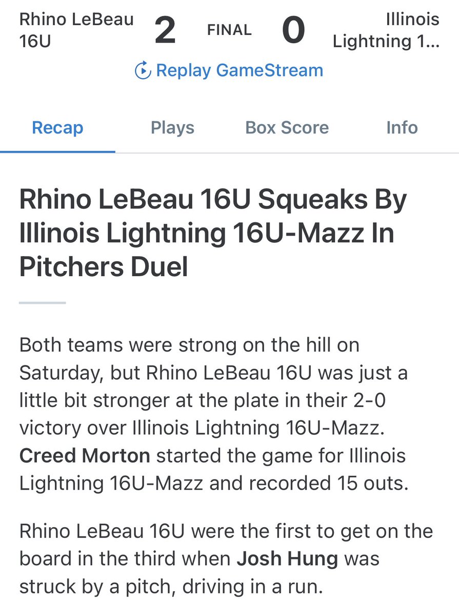 Illinois Lightning Mazz - 2025 (@illightningz) on Twitter photo Boys take a loss to a tough Rhino team in a pitchers duel
<a href="/CreedMorton/">Creed Morton</a> 5IP ER 7H 5K’s continues to dominate opponents changing his speeds from the left side
<a href="/Carson95169309/">Carson Hubert</a> 1-2 2B
<a href="/WillNordstrom0/">Will Nordstrom</a> 1-2 2B
<a href="/AnthonyGliffe/">Anthony Gliffe</a> <a href="/MundyBaseball/">Mundelein Baseball</a> Boys take a loss to a tough Rhino team in a pitchers duel
<a href="/CreedMorton/">Creed Morton</a> 5IP ER 7H 5K’s continues to dominate opponents changing his speeds from the left side
<a href="/Carson95169309/">Carson Hubert</a> 1-2 2B
<a href="/WillNordstrom0/">Will Nordstrom</a> 1-2 2B
<a href="/AnthonyGliffe/">Anthony Gliffe</a> <a href="/MundyBaseball/">Mundelein Baseball</a>