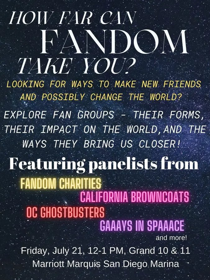 FandomCharities / HellmouthCon (@fandomcharities) on Twitter photo At #SDCC, come join us at noon for the panel, "How Far Can Fandom Take You?" <a href="/fandomcharities/">FandomCharities / HellmouthCon</a> @TheHellmouthCon At #SDCC, come join us at noon for the panel, "How Far Can Fandom Take You?" <a href="/fandomcharities/">FandomCharities / HellmouthCon</a> @TheHellmouthCon
