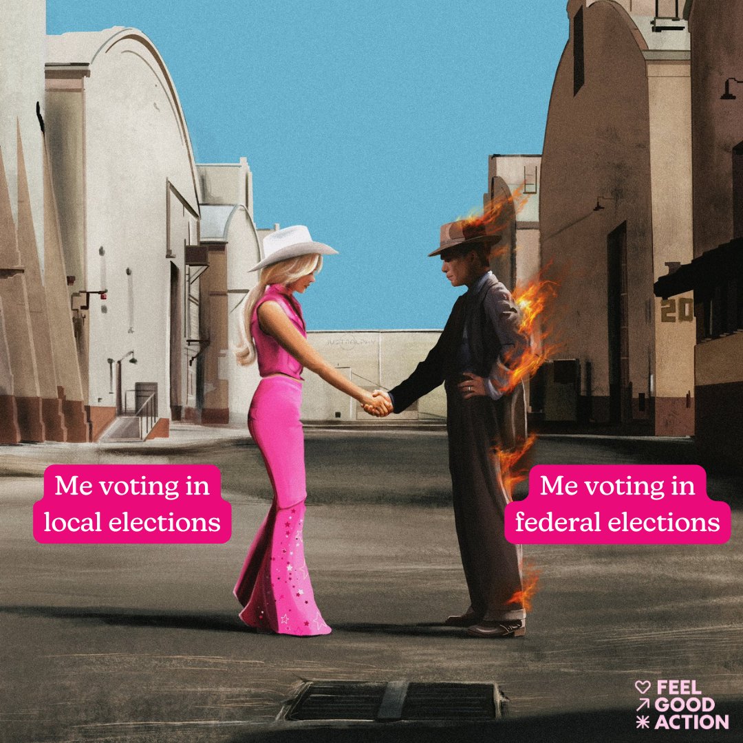 Happy #Barbenheimer Day! 💖🗳️ Are you seeing both, one, or none? #BarbieMovie #Openheimer #VoterReady