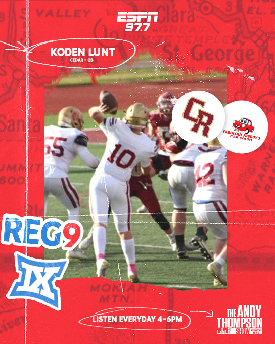 ESPN 97.7 (@espn977) on Twitter photo Today's Player Spotlight, by Rustyn Burnside
(<a href="/ESPN977_Burnsy/">Rustyn Burnside</a>)
Presented by Fabulous Freddy's
READ: sportsradio977.com/gunslinger-kod…
<a href="/KodenLunt/">Koden.Lunt</a> <a href="/cedarhighschool/">cedarhigh</a> Today's Player Spotlight, by Rustyn Burnside
(<a href="/ESPN977_Burnsy/">Rustyn Burnside</a>)
Presented by Fabulous Freddy's
READ: sportsradio977.com/gunslinger-kod…
<a href="/KodenLunt/">Koden.Lunt</a> <a href="/cedarhighschool/">cedarhigh</a>
