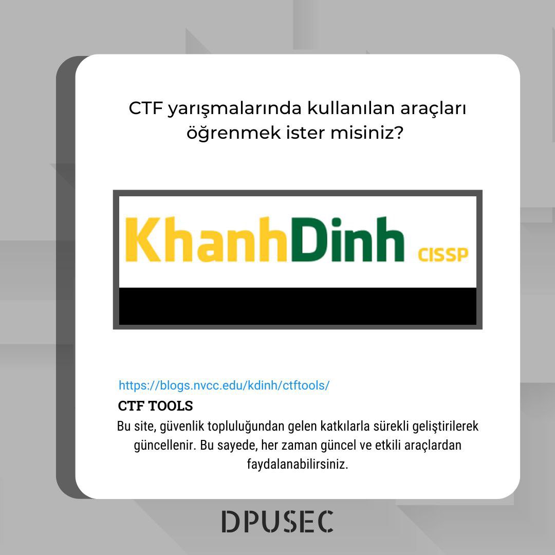 DPUS3C's tweet photo. CTF yarışmalarında kullanılan araçları öğrenmek ister misiniz? İşte size bir kaynak:https://t.co/An2bLjSEr6. Bu site, güvenlik topluluğundan gelen katkılarla sürekli geliştirilerek güncellenir.
#cybersecurity #sibergüvenlik #network #cyber #bilgisayarmühendisliği #ctf #ctftools https://t.co/PrsNTw47Vd