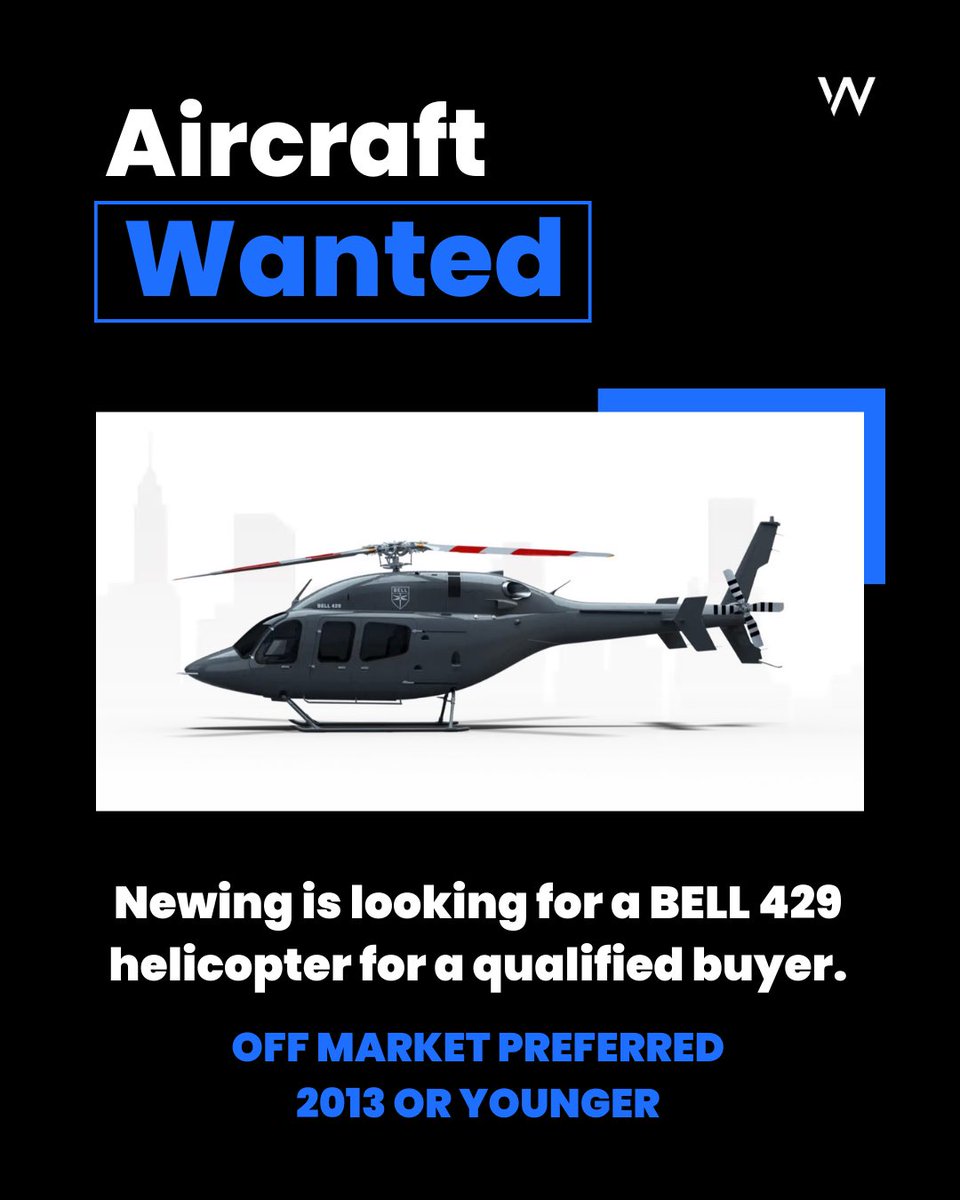 newingaviation's tweet photo. WANTED! 🚁

Newing is looking for a Bell 429 helicopter for a qualified buyer. 

Contact us today!

📲 +1 856 308 7179
✉️ info@newingaviation.com https://t.co/jVxQxmZ0AK