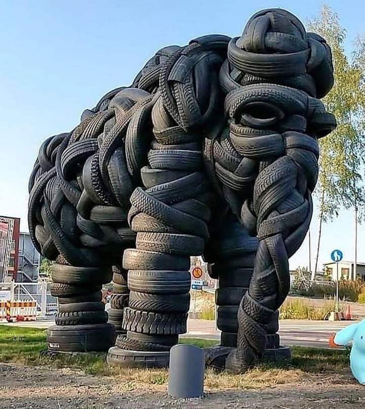 fasc1nate's tweet photo. Elephant sculpture made of tires by Villu Jaanisoo in Finland. https://t.co/j7GgDYpcx4