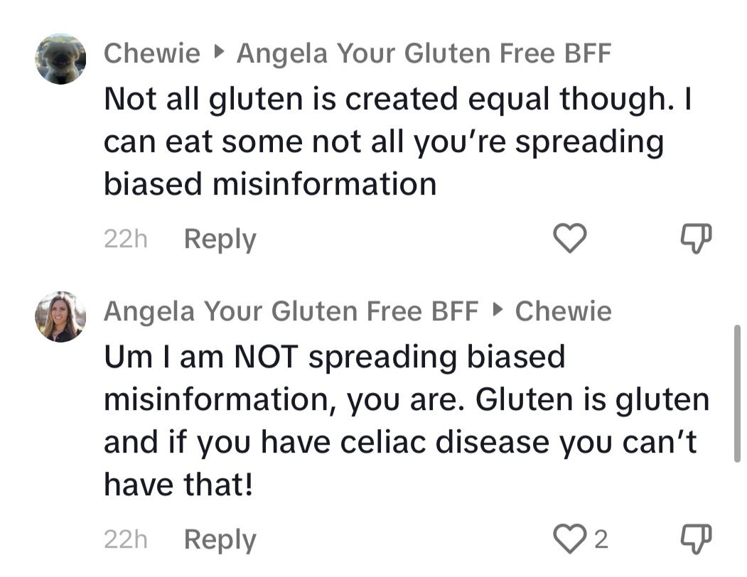 ChronicallyGF's tweet image. ‼️MISINFORMATION ALERT‼️ don’t be like this, people. Celiac Disease is a serious medical condition. Gluten is gluten, there are not different types. Gluten is found in different grains - wheat, barley &amp;amp; rye, but it is still gluten. Celiacs CANNOT safely eat gluten!