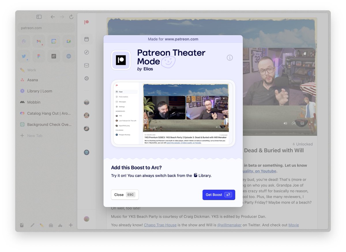 if you watch any amount of video on Patreon, i made a theater mode Boost for <a href="/arcinternet/">Arc</a> that removes the gigantic silly sidebar that prevents the video player from being as large as it could be

arc.net/boost/1D95EE8A…