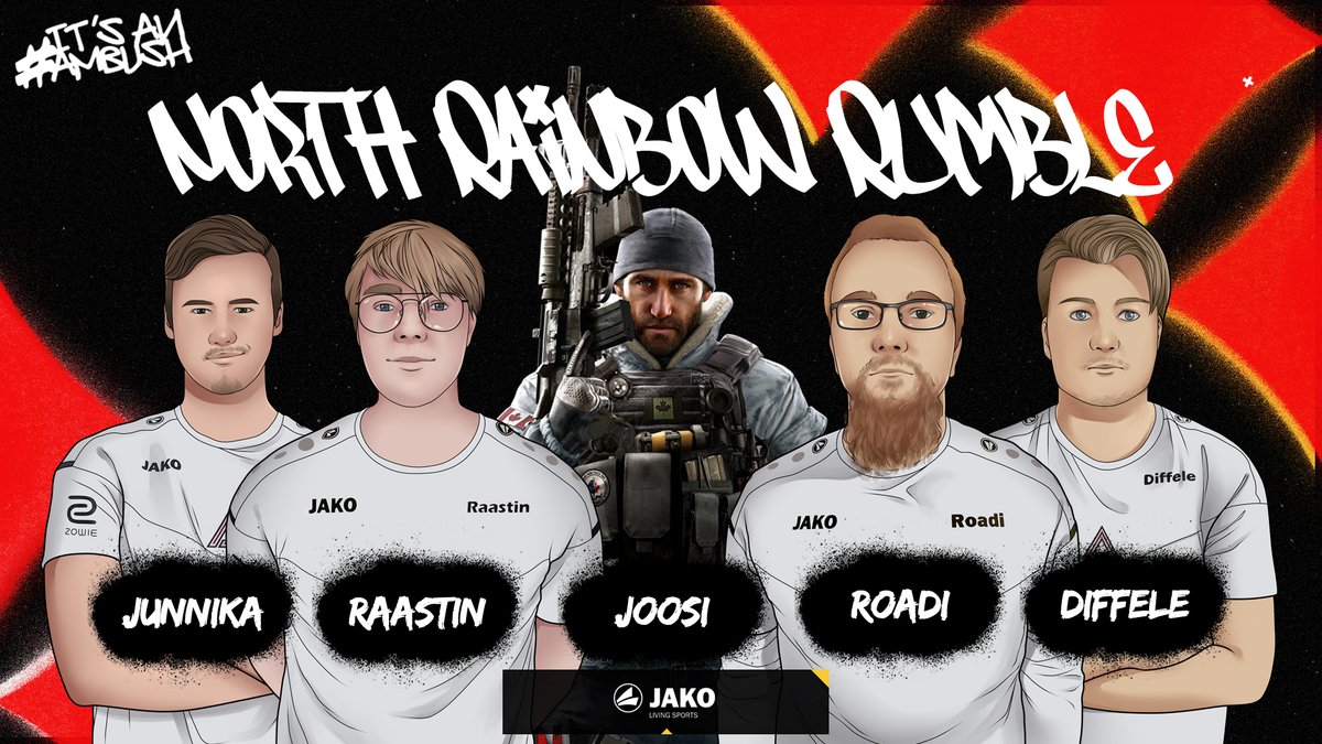 Ambush_gg's tweet photo. NEWS‼️

The Finns🇫🇮 are back for some RUMBLE! 

We are excited to have familiar faces with fresh twist playing in @R6esportsEU North Rainbow Rumble qualifiers for the colors of Ambush! 

@Junnika 
@Raastin1 
@x_joosi 
@RoadRunnne 
@Diffele_R6S 
@R6Vippe (sub)

#ItsAnAmbush https://t.co/27VKpTSCEe