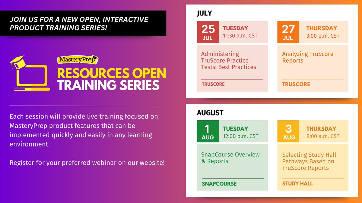 🎯 Unlock your school's potential this fall! Join our FREE product training #webinars and discover how to seamlessly integrate MasteryPrep's resources to boost #StudentSuccess.

Click here to learn more and register: masteryprep.com/support/master…
