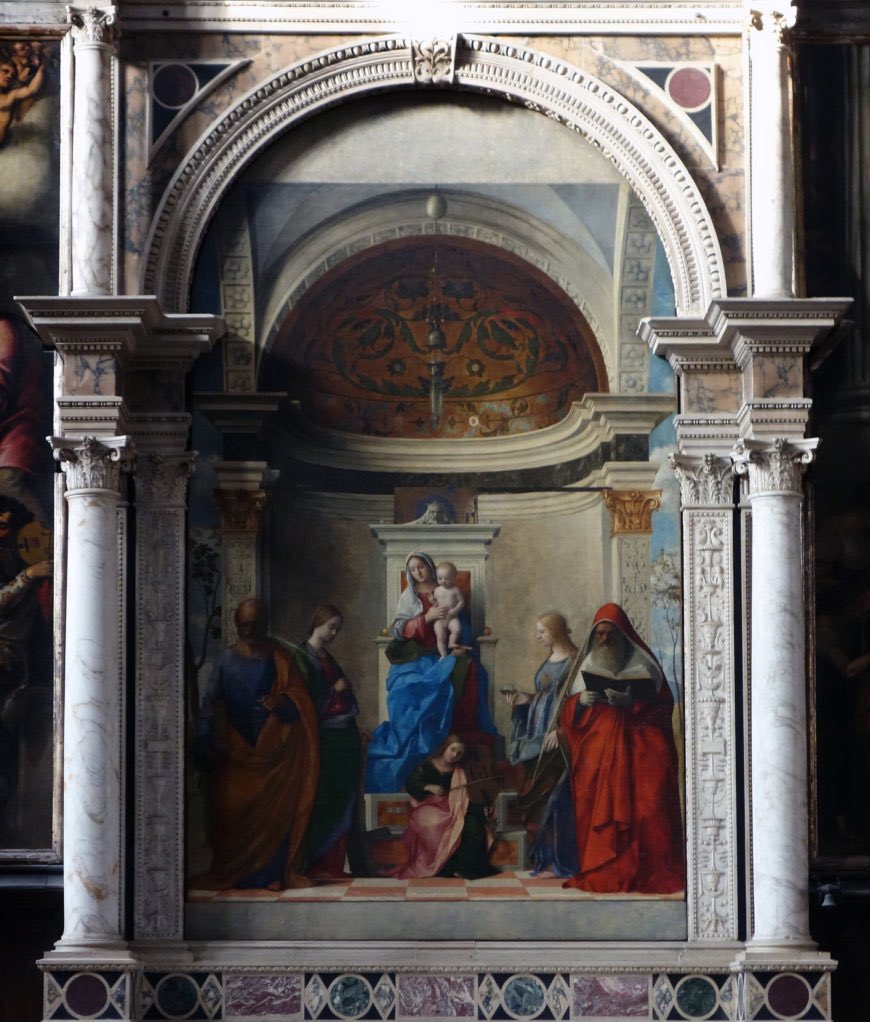 The extraordinary San Zaccaria in Venice is crowded with large mostly Baroque paintings, hung in double registers along the walls. Bellini’s altarpiece stands out because of its architectural frame, but also because it responds precisely to the natural light entering the church.