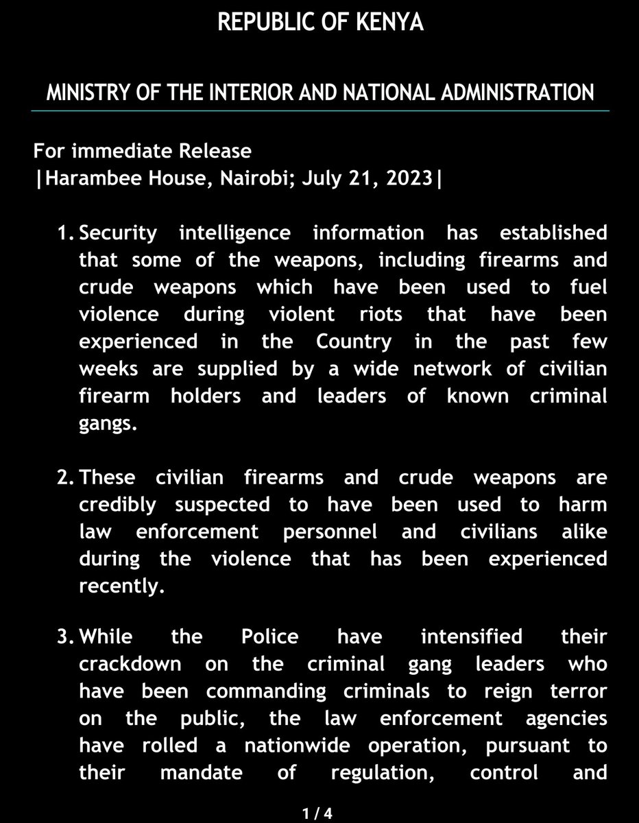 OleItumbi's tweet photo. The guns used to kill demonstrators are in private hands, the suspects are in three homes in Karen.

Police will subject the arms to ballistics to help match the bullets found on victims.

23 firearms in private hands to be investigated.

#SystemYaFacts https://t.co/Ys9VPN51Gb
