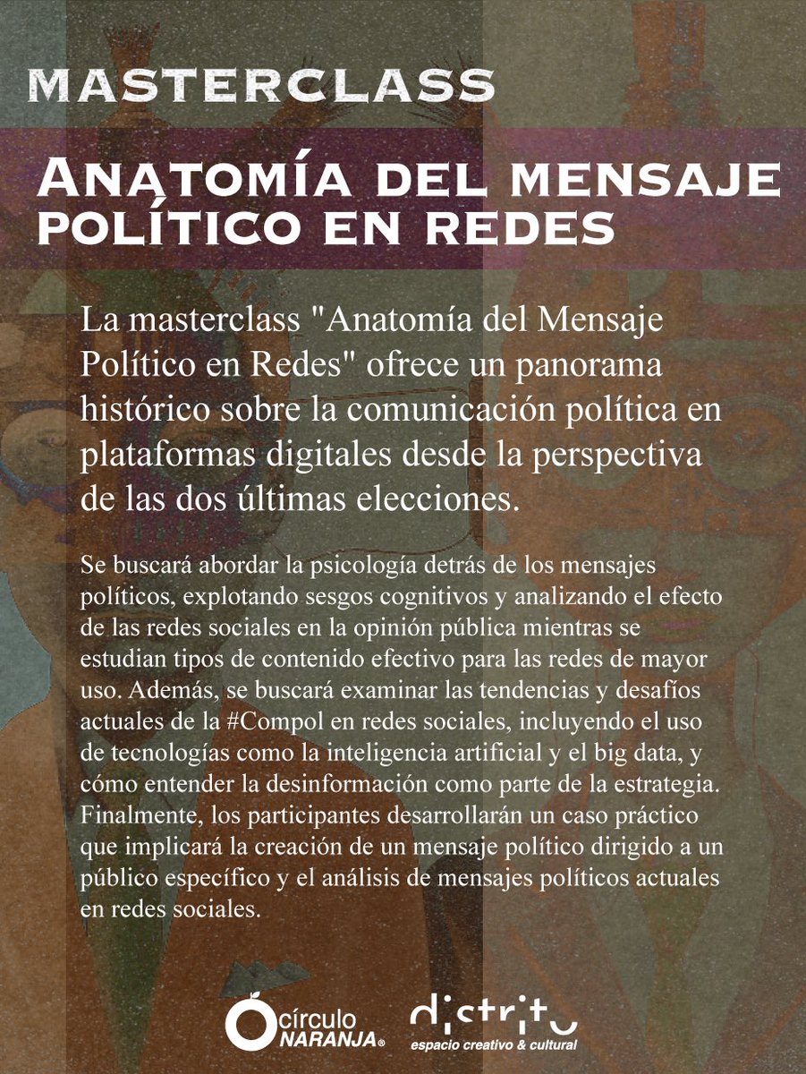 nunoacosta's tweet photo. Se viene recargado agosto en Distrito de @circulo_naranja 

MASTERCLASS DE COMUNICACIÓN POLÍTICA  por @garypulla 

Acompaña a Gary Pulla, PHD en comunicación a explorar y profundizar en los mensajes políticos que definen nuestro futuro.

La masterclass "Anatomía del Mensaje Político en Redes" ofrece un panorama histórico sobre la comunicación política en plataformas digitales desde la perspectiva de las dos últimas elecciones. Se buscará abordar la psicología detrás de los mensajes políticos, explotando sesgos cognitivos y analizando el efecto de las redes sociales en la opinión pública mientras se estudian tipos de contenido efectivo para las redes de mayor uso. Además, se buscará examinar las tendencias y desafíos actuales de la #Compol en redes sociales, incluyendo el uso de tecnologías como la inteligencia artificial y el big data, y cómo entender la desinformación como parte de la estrategia. Finalmente, los participantes desarrollarán un caso práctico que implicará la creación de un mensaje político dirigido a un público específico y el análisis de mensajes políticos actuales en redes sociales.

Gary Pulla es Ph.D. en Comunicación. Docente Investigador y Director de Revista Científica de Comunicación "ComHumanitas".

Hora: 10 a 12pm + 1 hora de foro
Ubicación: Arcos Plaza torre 1, km 1,5 Vía a Samborondón (detrás de Village Plaza)
Formas de pago: transferencia bancaria o pago online con tarjeta vía Payphone

Si quieres participar escríbenos, solo 10 cupos disponibles.
#compol #phd #comunicacion