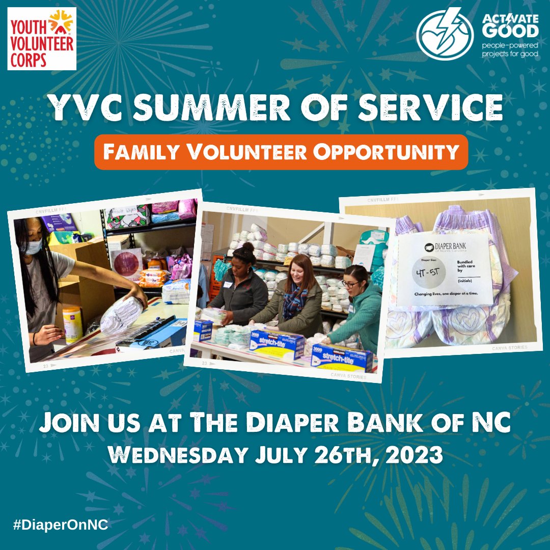 Youth Volunteer Corps Opportunity! ⚡
Bring your families! Join us this upcoming Wednesday (7/26) at The Diaper Bank of NC from 10:00AM to 12:00PM.  
Sign up: x.gldn.io/e/JBn97gTqCBb