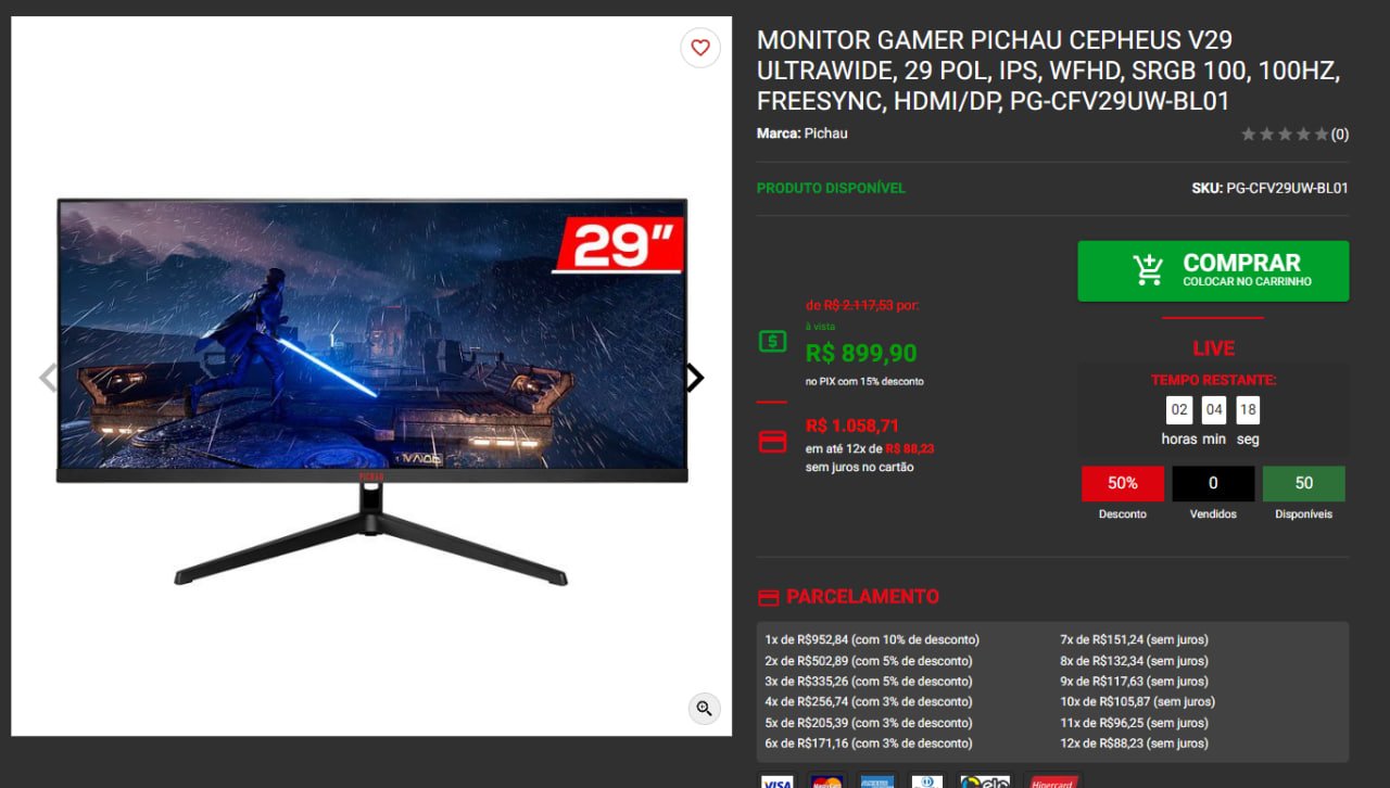 Monitor Gamer Pichau Cepheus V29 UltraWide, 29 Pol, IPS, WFHD, sRGB 100,  100Hz, FreeSync, HDMI/DP, PG-CFV29UW-BL01