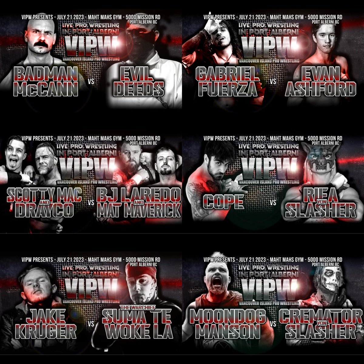 Tonight in #PortAlberniBC!

<a href="/VIPW_Pro/">VancouverIslandPro</a> 

Featuring <a href="/DanniDeeds/">Danni Deeds</a> <a href="/FuerzaLives/">El Diablo 👹</a> <a href="/SumaTe_WokeLa/">Suma Te Woke La</a> <a href="/BaronVonSlasher/">aka Cremator?</a> <a href="/RieaVonSlasher/">Riea Von Slasher</a> #Cope #EvanAshford #BadmanMcCann #matmaverick <a href="/HoundDoggystyle/">Drayco</a>  <a href="/BJLaredo/">BJ Laredo</a> <a href="/smacwrestling/">Scotty Mac</a> #JakeKruger #MoondogManson

Tickets at viprowrestling.ca