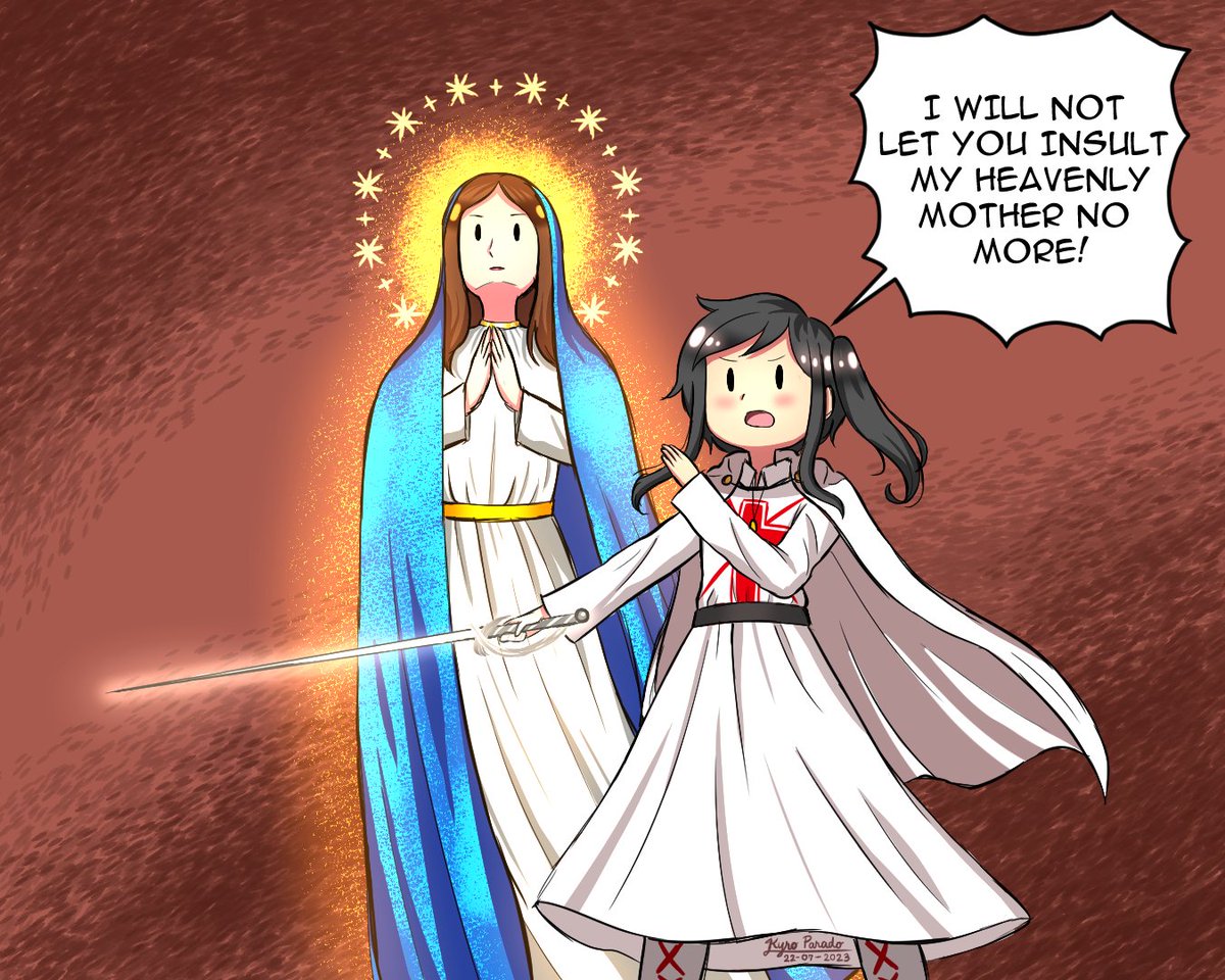 Had a motivation to draw something, so I drew this instead. Although I didn't intend this to be a clean and detailed artwork. Protect Our Heavenly Mother at all cost! ❤️‍🔥 #Catholic #CatholicTwitter #CatholicArt #BlessedVirginMary #ParadoArts #OC #originalcharacter