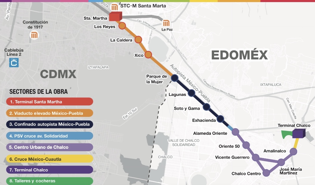 Con una longitud de 18.5 kilómetros, el Trolebús Chalco-Santa Martha tendrá 13 estaciones y dos terminales que conectarán a Valle de Chalco con el metro Santa Marta en Iztapalapa, Ciudad de México.