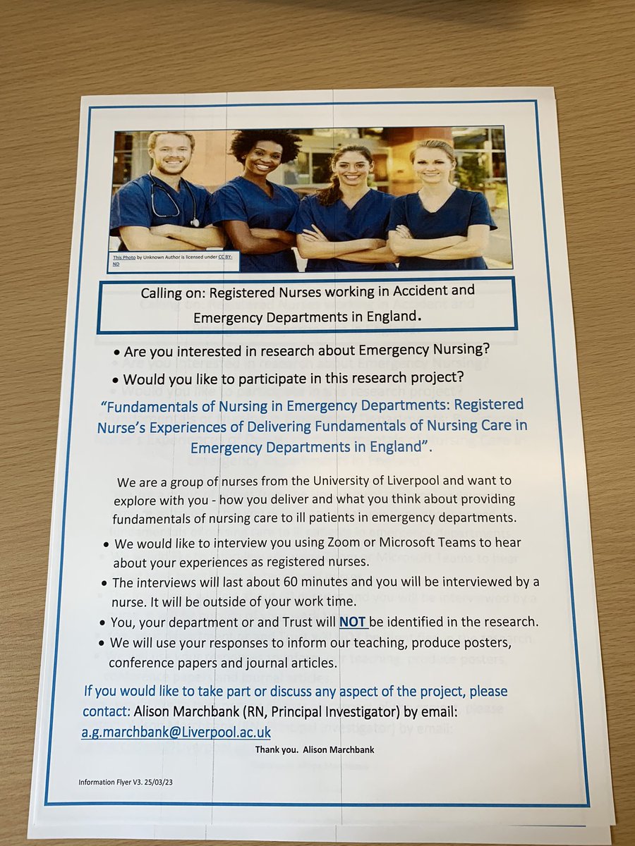 Accident and Emergency nurses. Let’s hear your voices. Take part in our research. Contact me for details of project about caring in the emergency department. a.g.Marchbank@liverpool.ac.uk or message me on Twitter