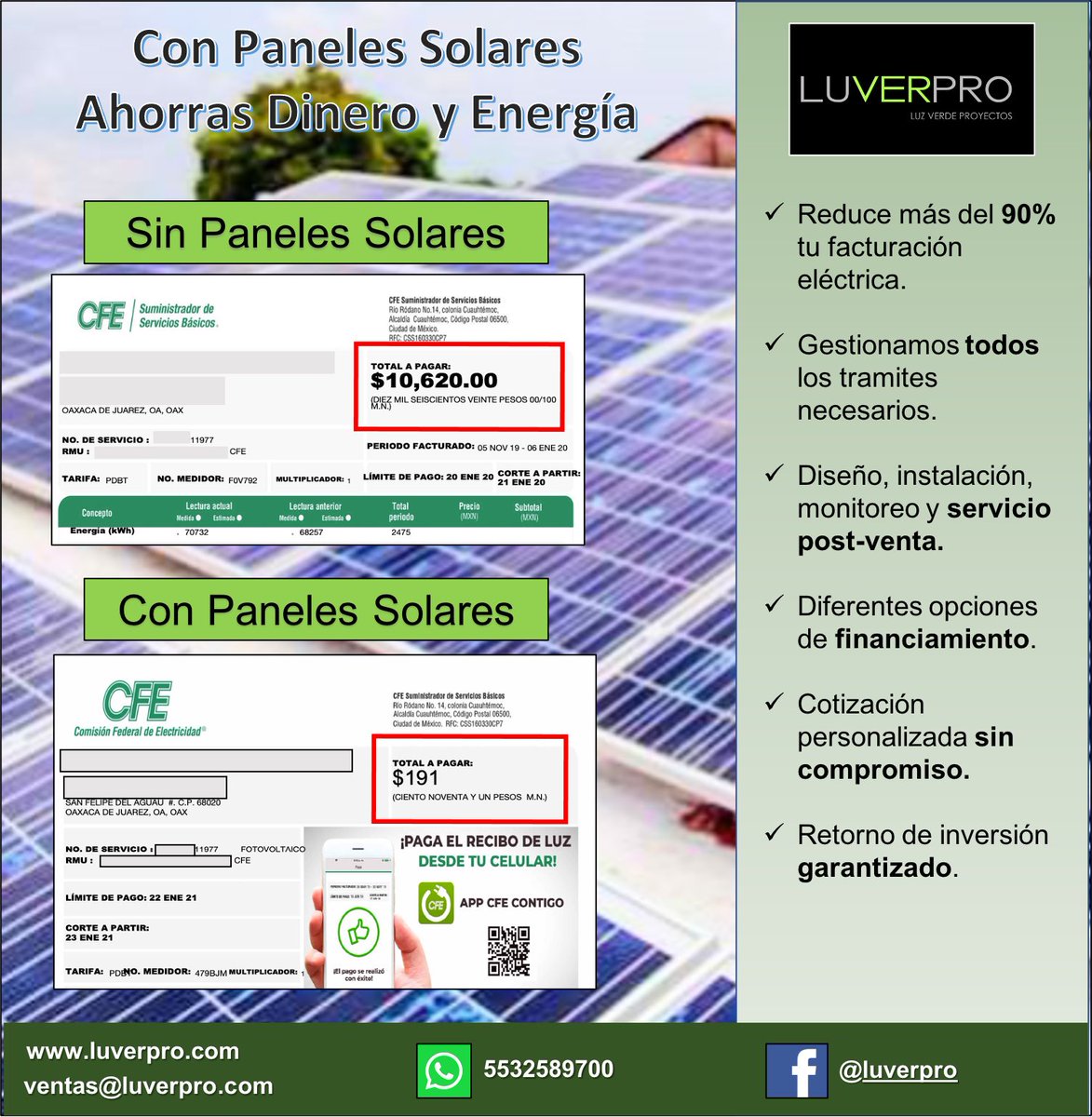 Luverpro's tweet photo. Empieza a ahorrar energía y dinero desde el primer bimestre. Cotiza tu sistema fotovoltaico personalizado sin compromiso. Tel: 5532589700 #energiasolarmexico #panelessolaresmexico #energiasolar https://t.co/uSPFAa3JKo