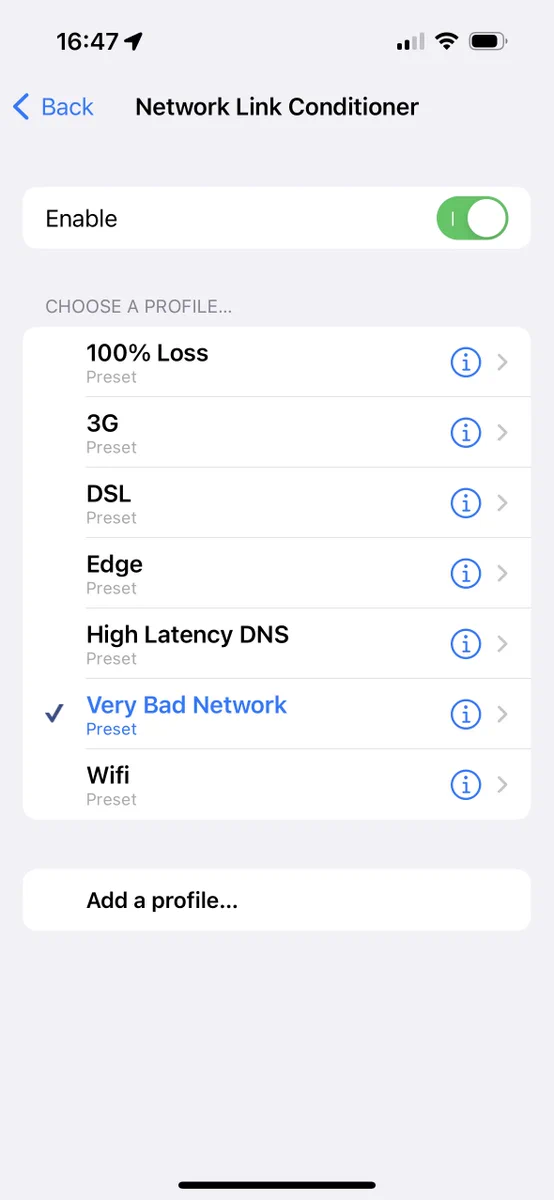 “Very bad network” selected